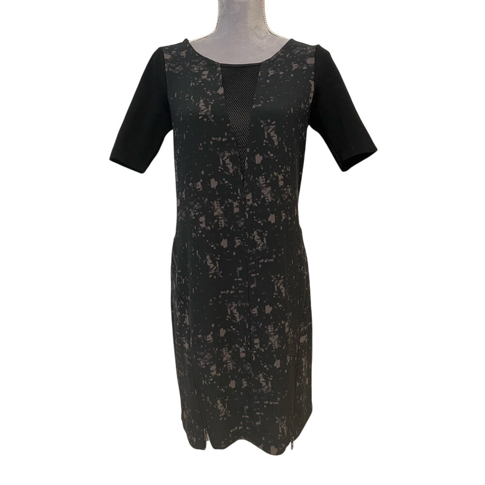 Elie Tahari Sexy Bodycon Goth Black Dress Front Zippers Mesh Stretch Sz. SM